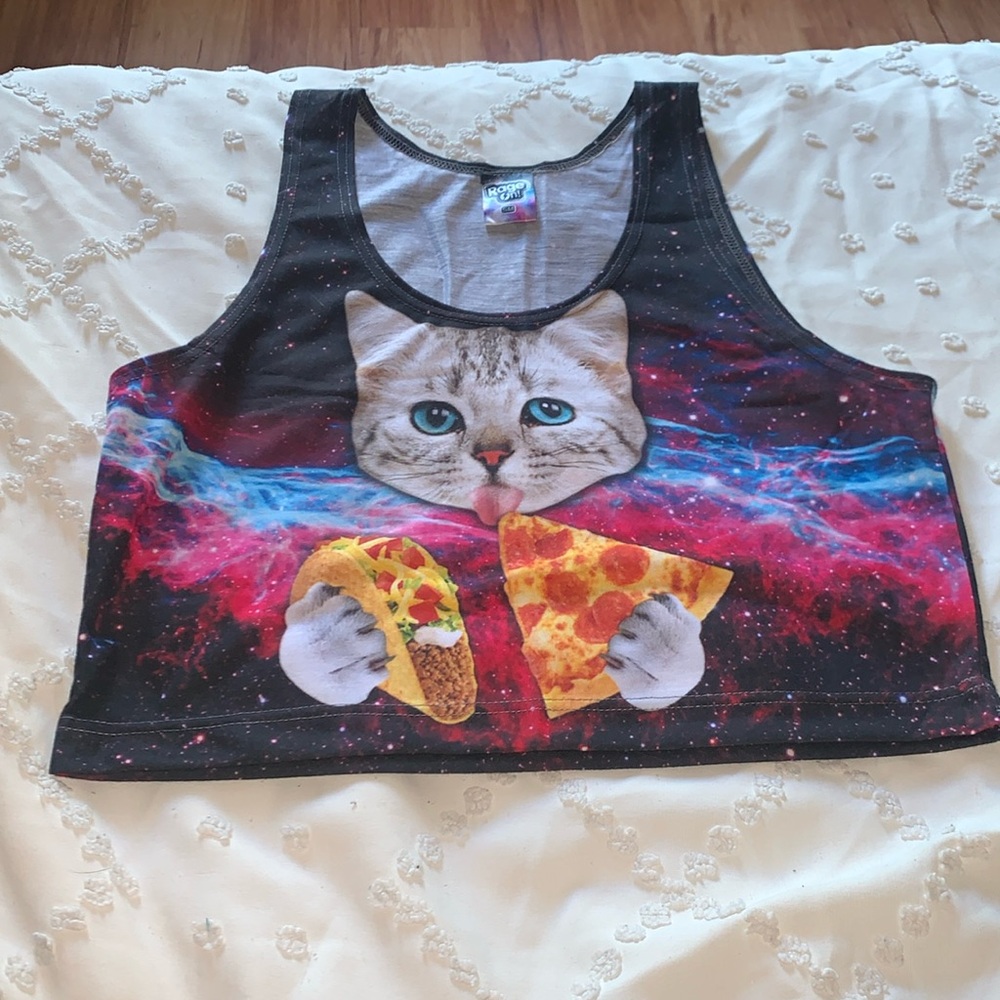 Galaxy Cat Taco Pizza Graphic Crop Tank Top - RageOn